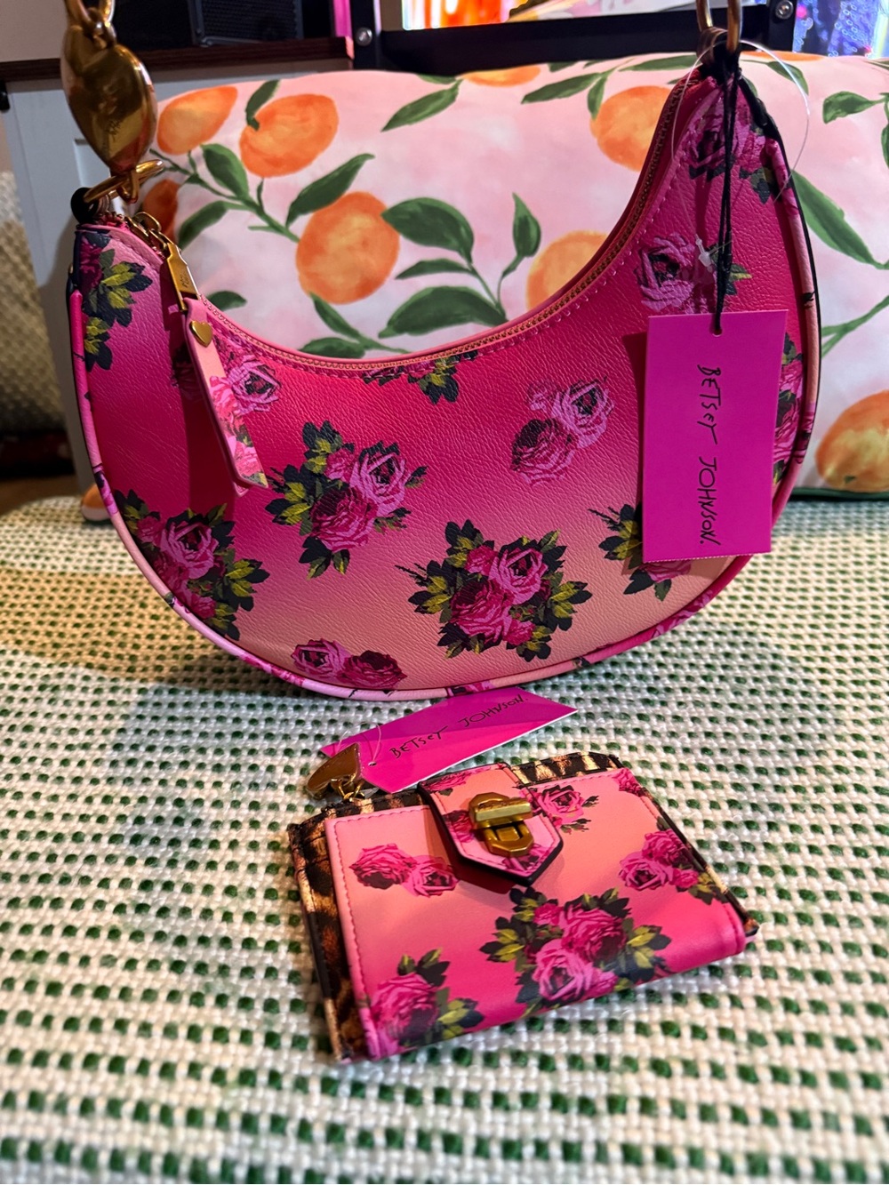 Betsey Johnson Hot Pink Floral Crescent Shoulder Bag with Matching Wallet